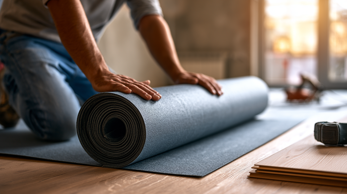 Worker rolling out acoustic underlayment before laying a floating floor